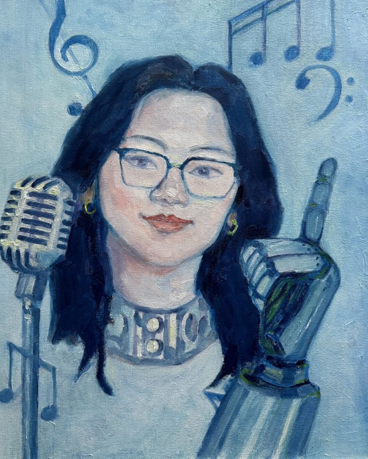 Oil painting of a vocalist with a prosthetic arm, surrounded by musical notes and a treble clef
