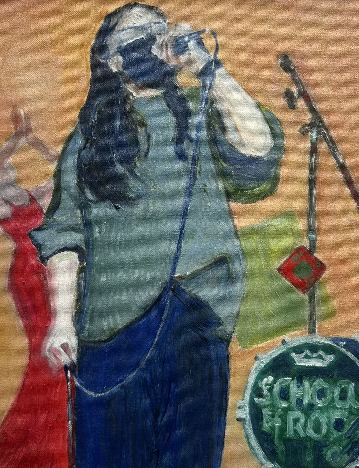 Oil painting of a singer performing on stage in front of a School of Rock drum kit