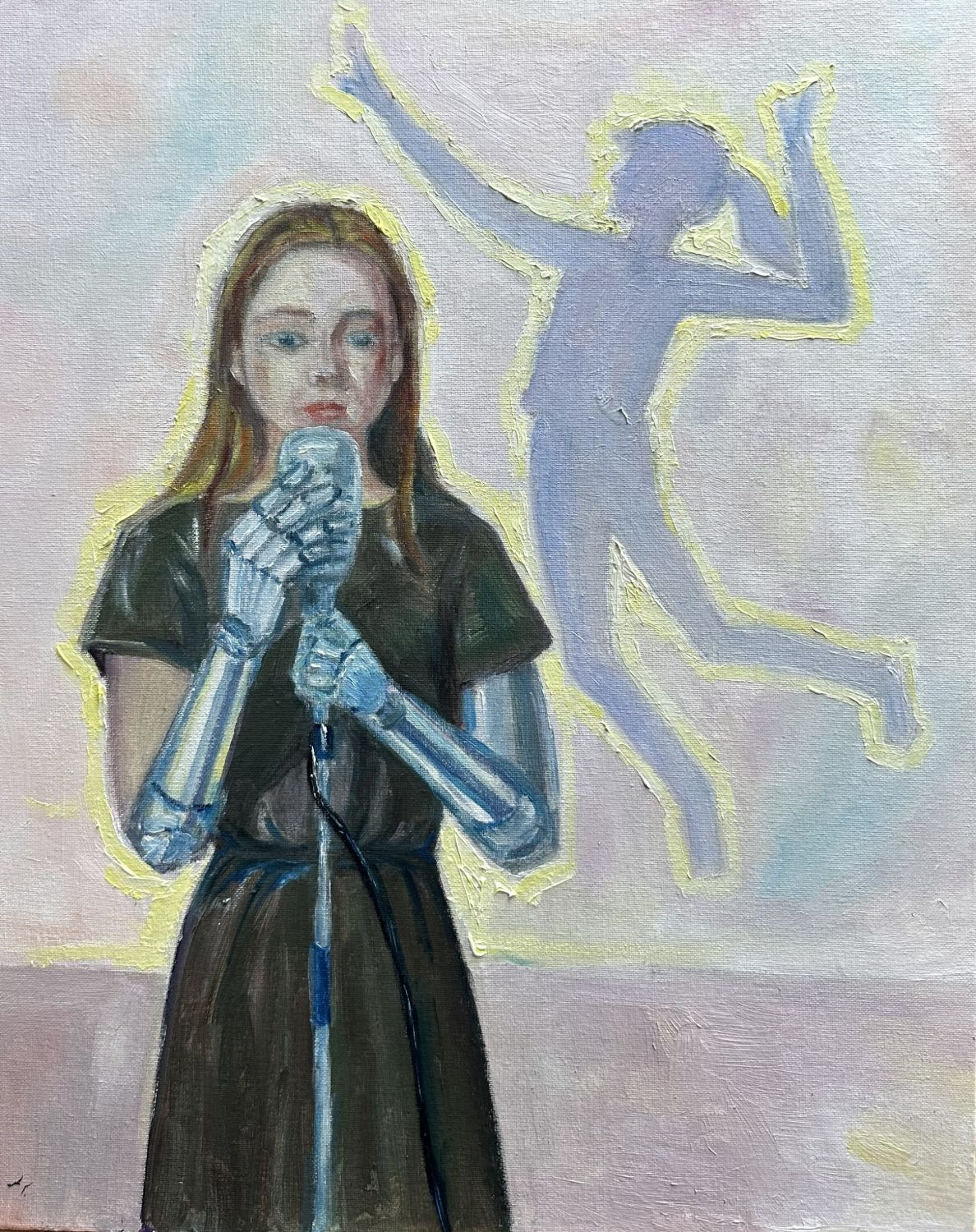 Oil painting of a girl singing into a microphone held by a robotic arm, with a glowing dancing figure behind her
