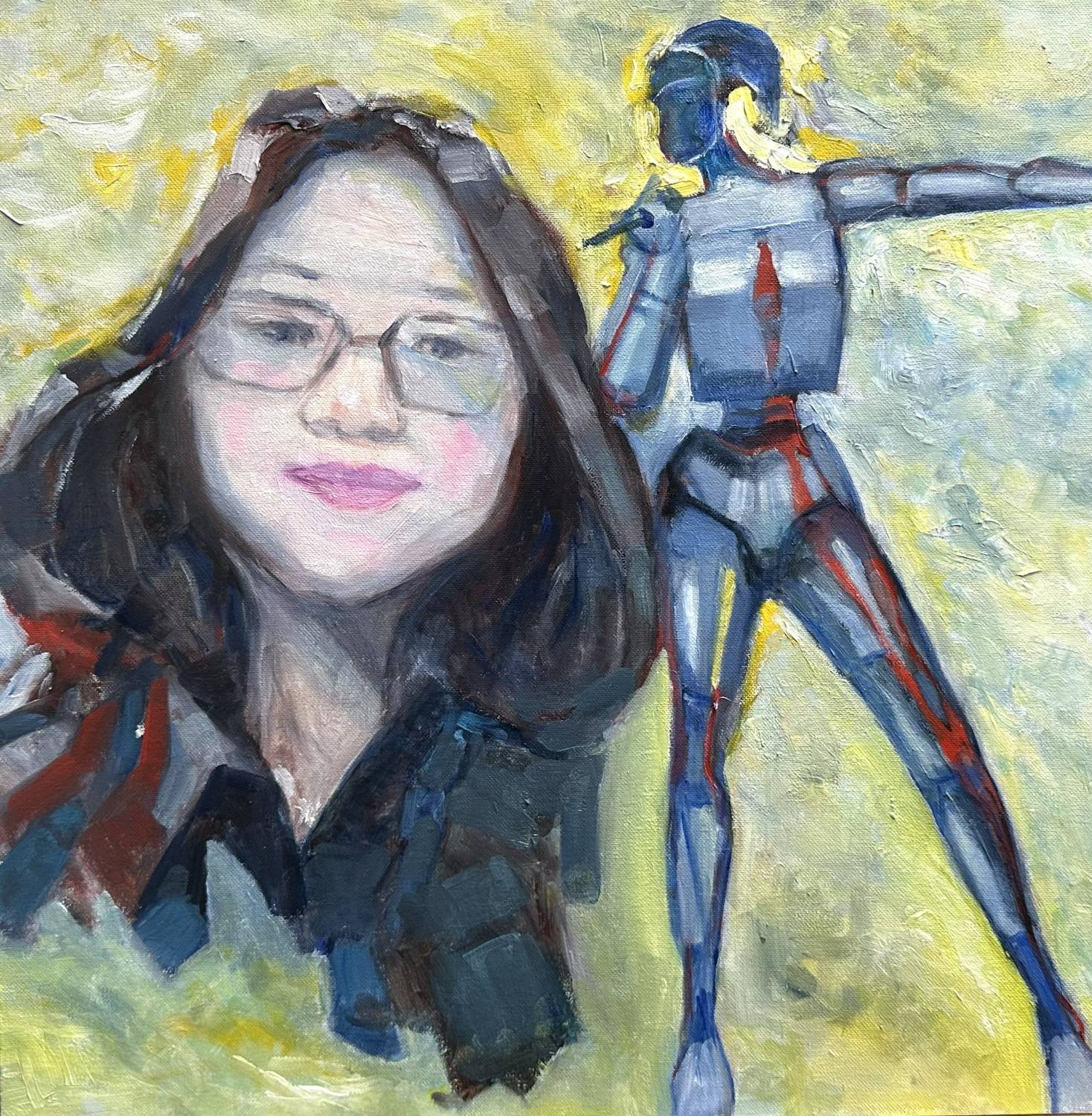 Oil painting self-portrait beside a robot figure